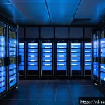 Home 14 컨테이너 런타임 보안 강화 가이드 - A high-tech Dutch data center interior, showcasing a secure container runtime environment with multi...